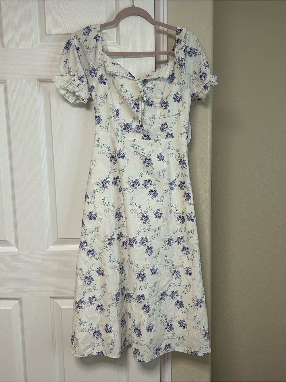 white & cream midi floral dress with violet flowers